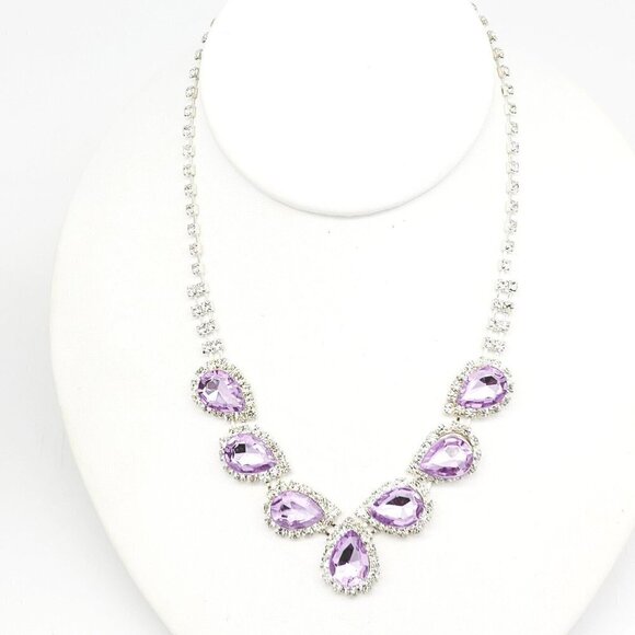 Special Occasion Teardrop Rhinestone Necklace Silver Tone Lavender & Clear NOS - Picture 3 of 8